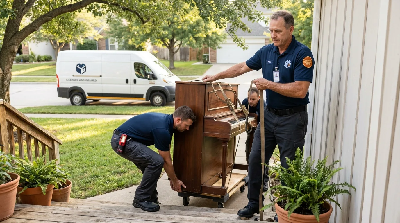 Licensed piano movers securing grand piano in Lemoyne, PA