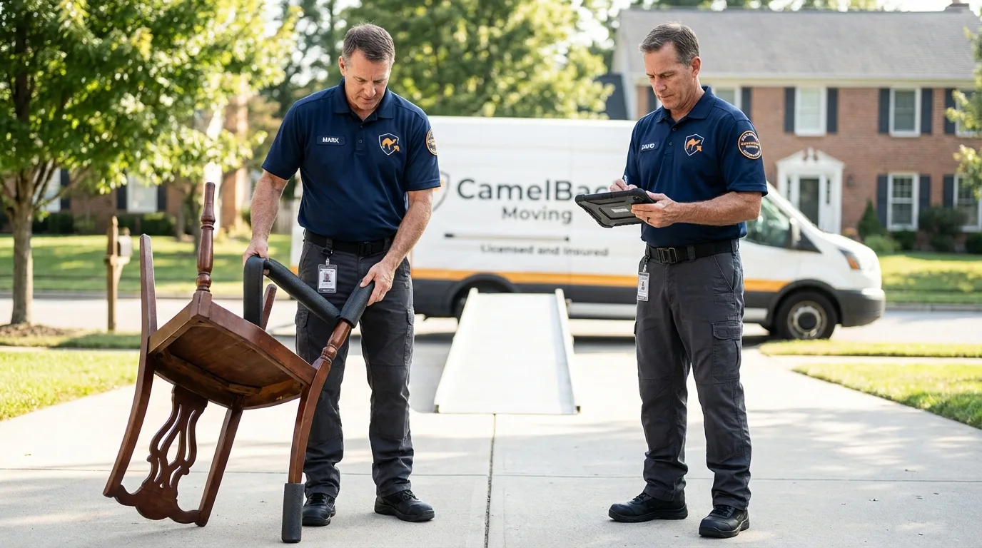 Movers inspecting furniture for damage prevention before loading in Lemoyne, PA