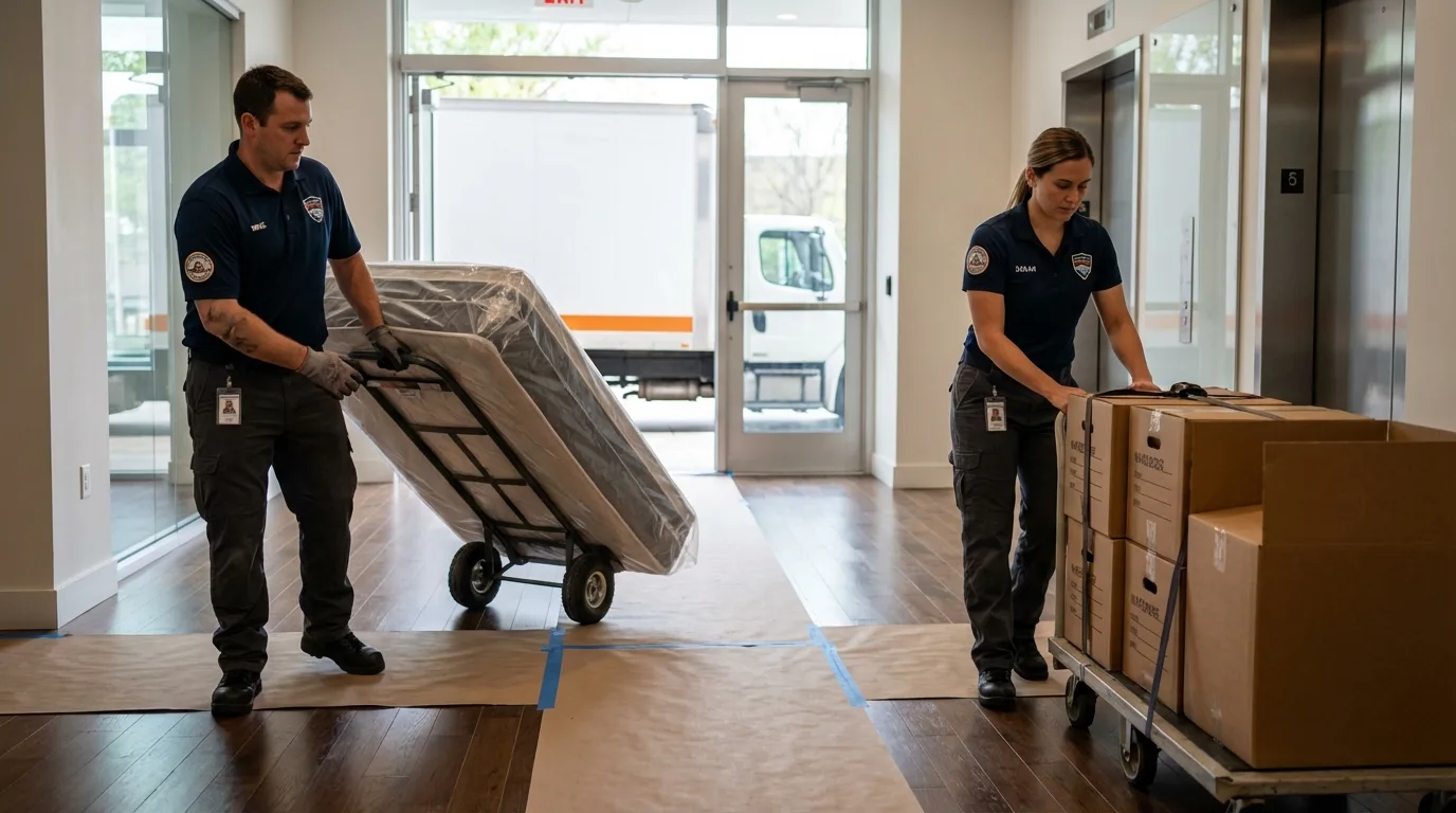 Professional apartment movers loading elevator in Lemoyne, PA