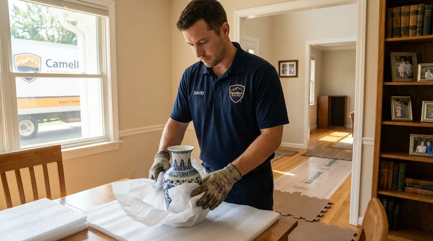 Professional crew carefully wrapping antique vase for senior downsizing move in Lemoyne, PA